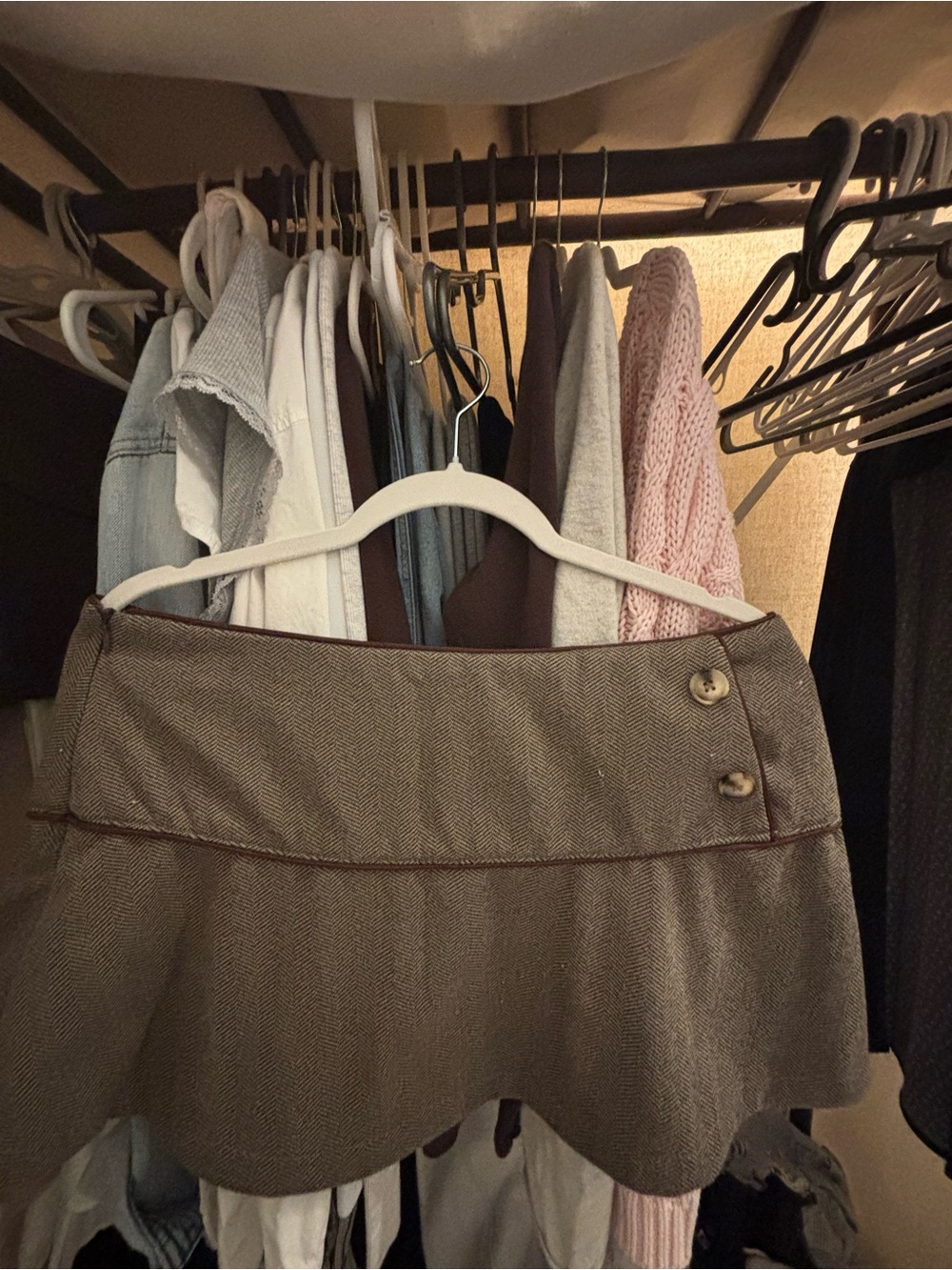 Women's Brown Herringbone Mini Skort with Button Detail